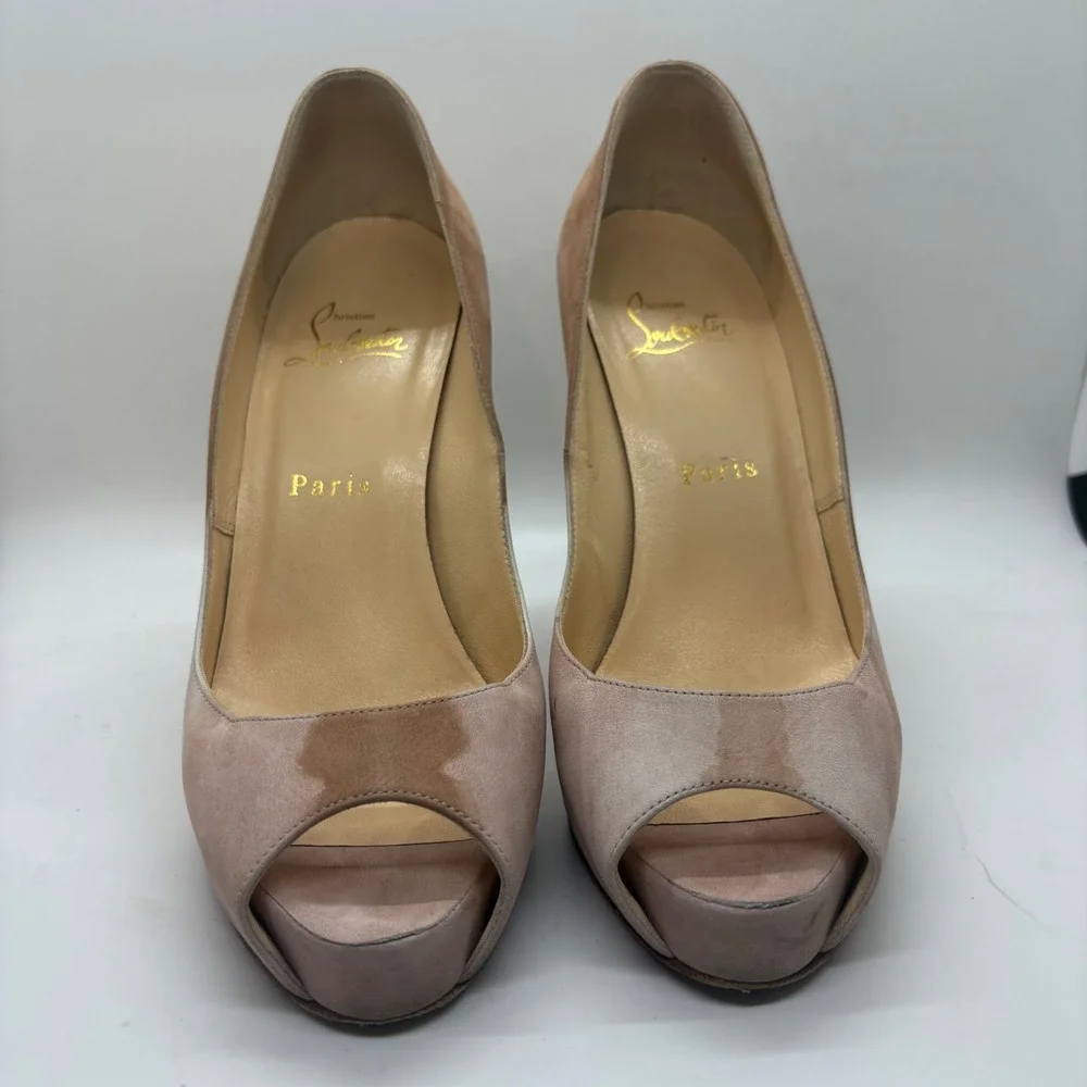 Christian Louboutin Marbled Tan Suede Peep Toe Platform Pumps Red Bottoms 37